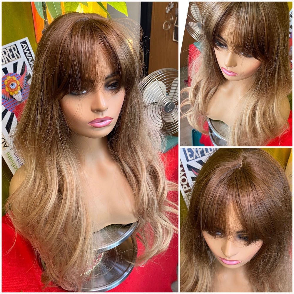Redhead brunette to blonde wig w bangs